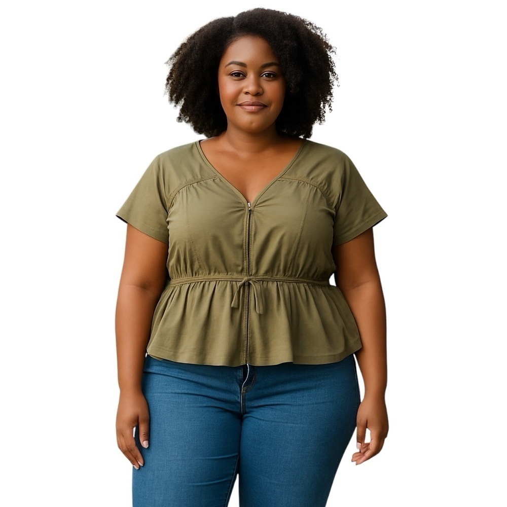 Inc International Concepts Plus Size Olive Green Flutter Sleeve Peplum Blouse 2X